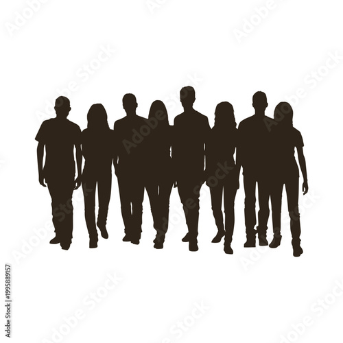 Group of seven silhouetted individuals standing closely together in a line. Vector