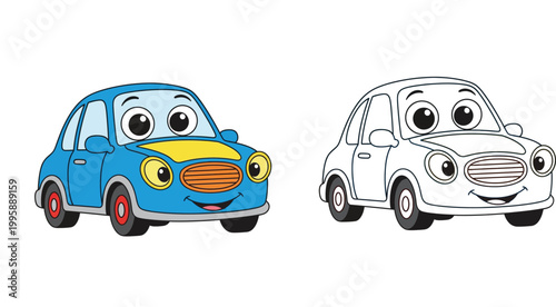Cute Cartoon Blue Car Character Smiling. Vector Illustration with Black and White Line Art Coloring Page Version for Kids.