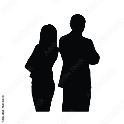 Two silhouettes standing closely together in a casual pose. Vector