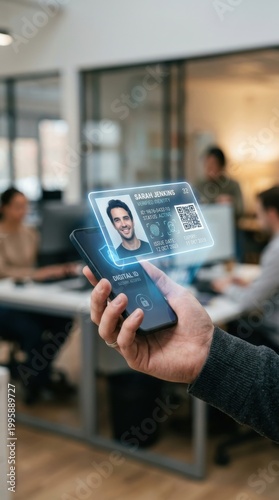 Man holding smartphone displaying digital identity card hologram with biometric data and qr code. Secure mobile verification system for online access and personal authentication concept.