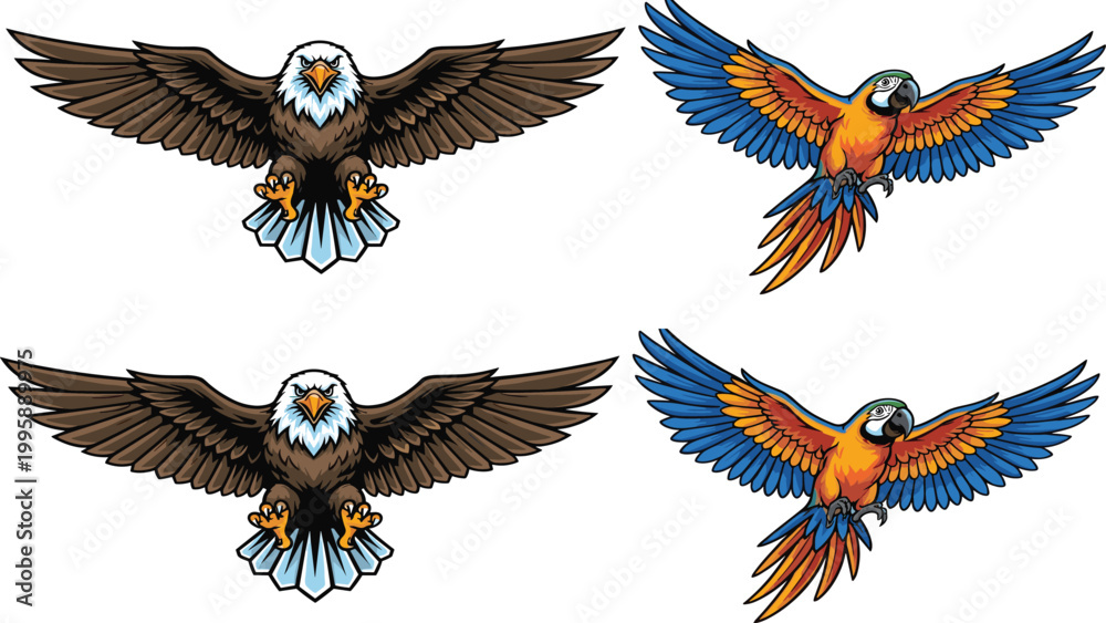 Obraz premium Colorful Eagle and Parrot Flying Illustration Set Featuring Spread Wings Birds for Wildlife, Mascot, Tropical, and Nature Themed Design Projects.