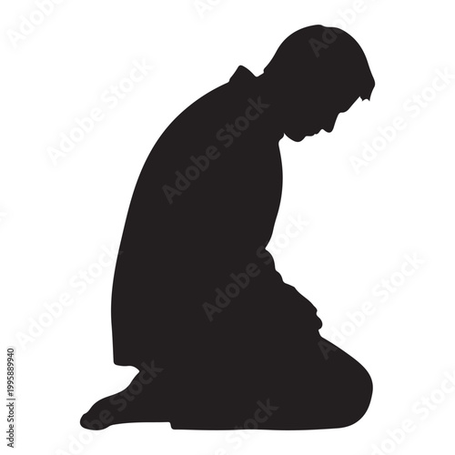 Man kneeling in prayer silhouette with white background
