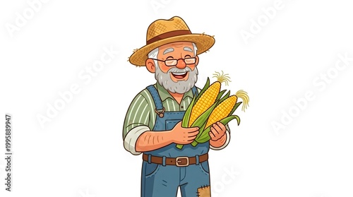 An Elderly farmer with a cheerful expression holding several corns. Dressed in overalls and a straw hat, he smiles happily. 
