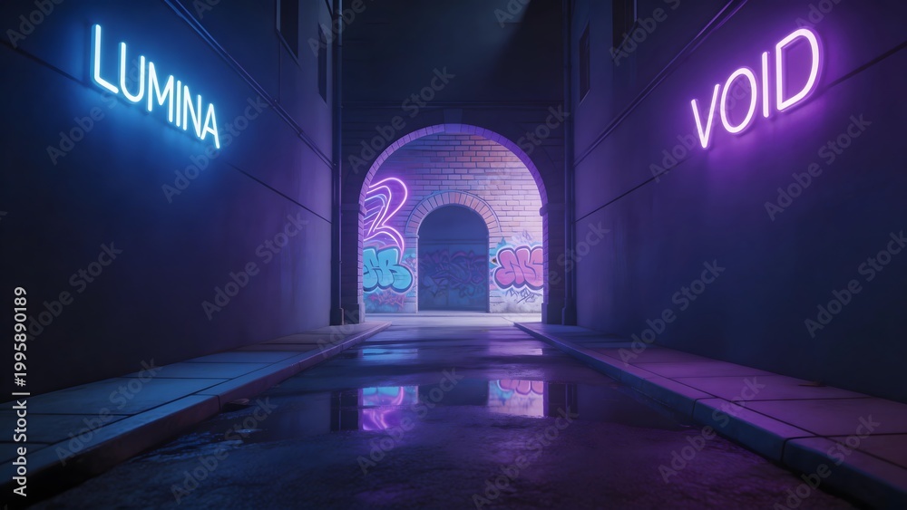 Obraz premium Neon lit alleyway with graffiti