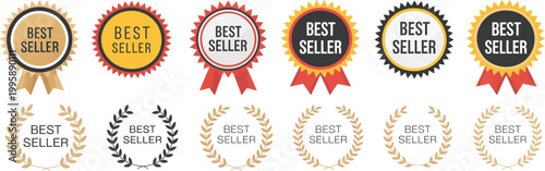 Best, seller sticker label banner and ribbon collection featuring promotional emblems for sale, special offer, and advertising in bold modern vector style ideal for marketing and retail design.