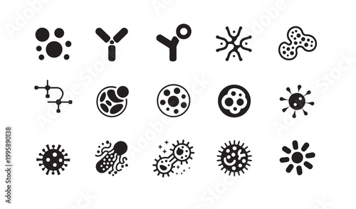 Collection of microbiology and virus icons representing cells bacteria and viral research