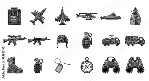 Collection of Military Equipment and Vehicles Icons.