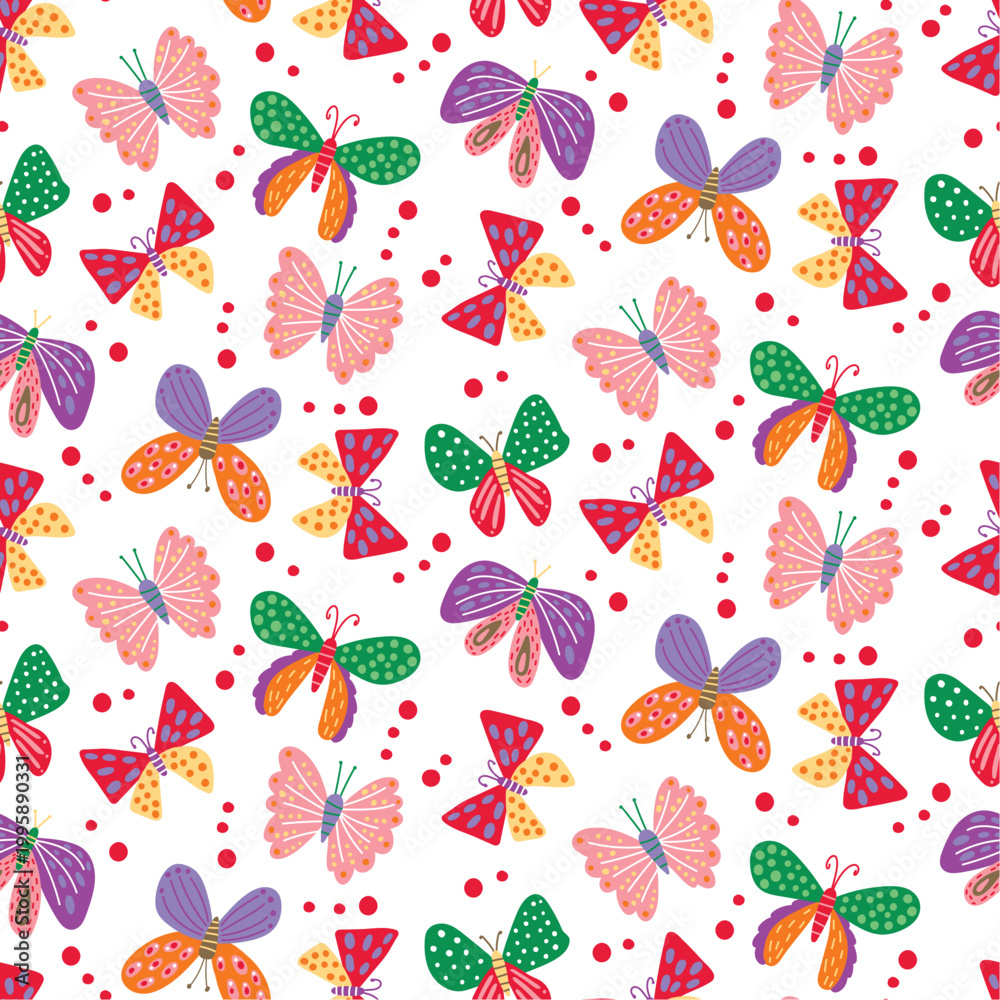 Fototapeta premium Cute colorful butterflies hand drawn seamless vector pattern. Vector illustration