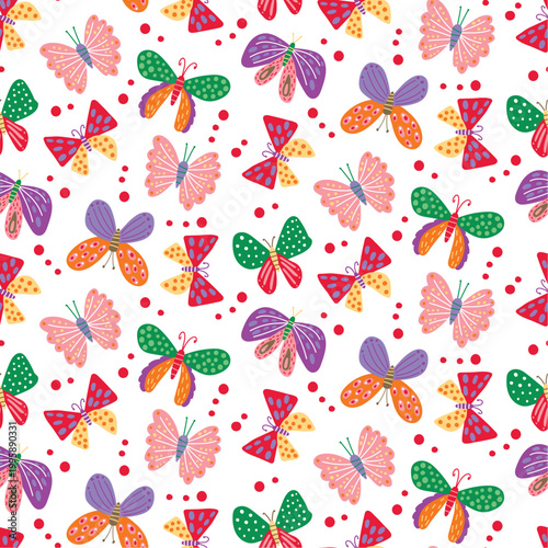 Cute colorful butterflies hand drawn seamless vector pattern. Vector illustration