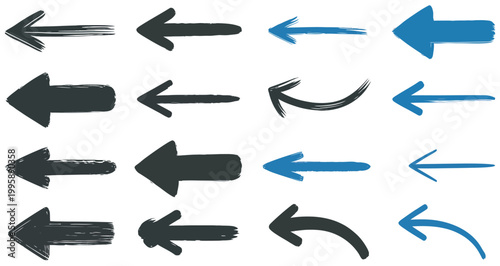 Collection of hand-drawn and solid arrow icons pointing left in various styles and colors
