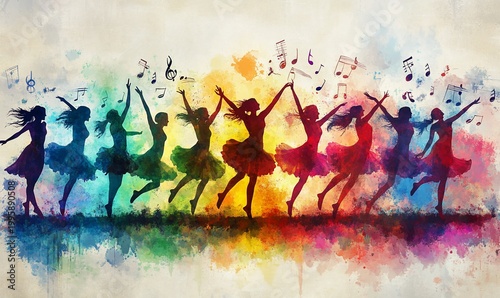 Joyful women dancing, colorful watercolor silhouettes, music notes.