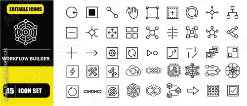 Visual Workflow Builder Nodes Icon Pack – SaaS Applications, Automation Flow Design, Drag and Drop Process Builder, Node Based System Architecture and Task Workflow Management Line Icons – Thin Line E