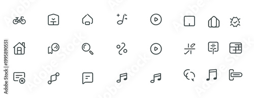 Collection of simple hand-drawn icons for web and app design, including transport and music.