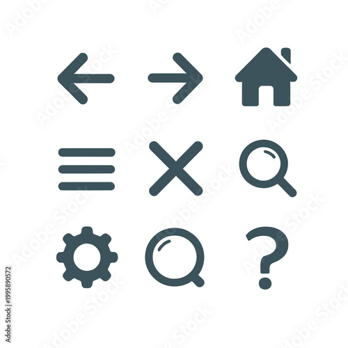 Basic set of dark grey icons for user interface navigation and settings, including arrows and search.