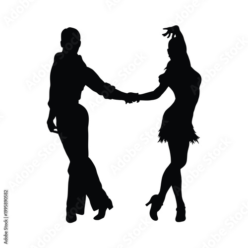 Two silhouettes holding hands and dancing together in elegant attire Vector