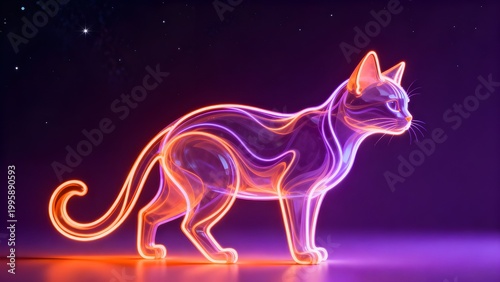 A translucent glass cat sculpture featuring vibrant orange and purple neon glowing lines, standing in a dark, starry cosmic environment with a sleek, futuristic aesthetic.