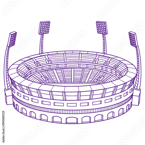 Illustrated stadium with floodlights sports venue architectural drawing purple outline transparent background