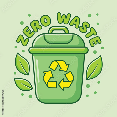 Green recycling bin with zero waste text and leaves Vector