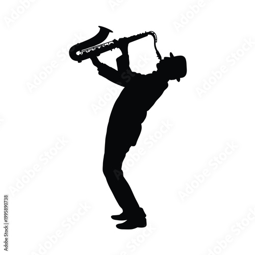 Saxophonist playing in a dynamic pose with an instrument Vector