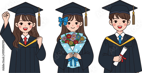 Vector illustration of happy graduates in cap and gown holding diploma, flowers, and celebrating their achievement