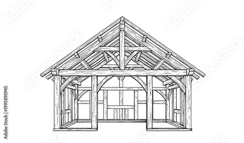 Black and white timber frame house structure with exposed wooden beams and roof trusses architectural vector illustration