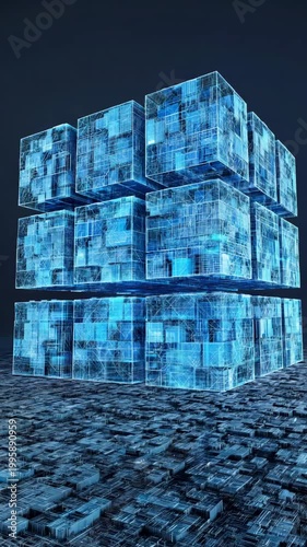 Floating modular blue data blocks stacked in layered cube formation over a dense grid conveying scalable storage units and virtual infrastructure in a cyber environment