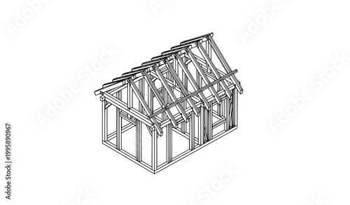 Isometric timber frame house construction with wooden beams and trusses black and white vector illustration