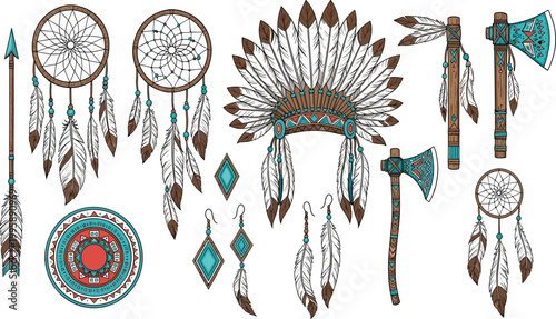 Native American Tribal Ornament Collection Featuring Dreamcatchers, Feather Headdress, Axe, Arrow, and Ethnic Jewelry for Cultural, Boho, and Decorative Design Projects.
