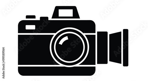 Black silhouette of a classic single lens reflex camera with a lens