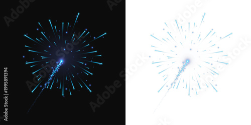 A vibrant blue neon firework burst radiates glowing sparks and a trailing light streak against a dark checkered background, conveying celebration, energy, magic, and futuristic glow for design 
