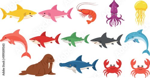 Φωτογραφία Cartoon Marine Animal Collection Featuring Sharks, Dolphins, Walrus, Shrimp, Squid, Jellyfish, and Crabs for Ocean, Kids Education, and Underwater Design Projects