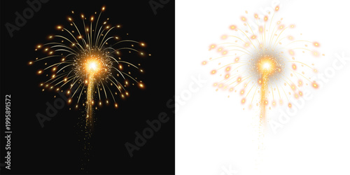 A golden firework burst with cascading sparks and glowing trails on a transparent dark background, perfect for celebration, party, New Year, holiday or festive design and graphic projects.