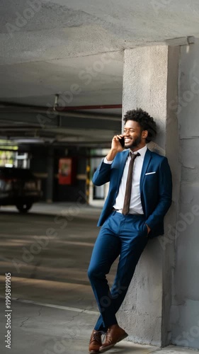 African male young businessman in blue suit leaning against concrete pillar in urban parking garage on phone confident professional style