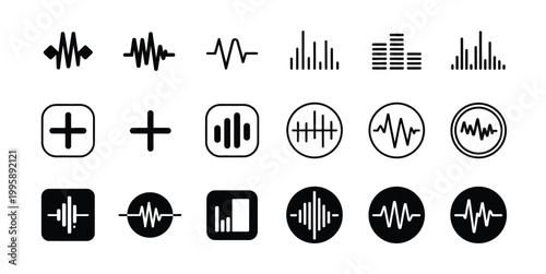Sound wave and volume icon vector set for audio control, music interface, and media playback design elements isolated on white background