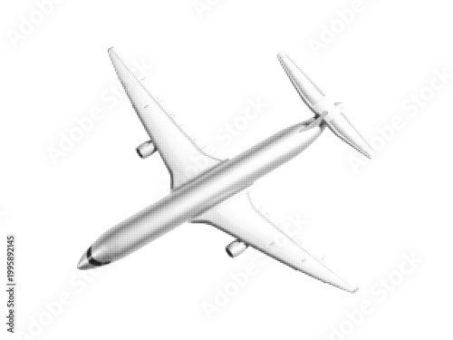 Airplane front view, halftone drawing, black and white dotted texture, retro comic style, minimalist graphic design, high contrast, isolated on black background, clean composition, bold shapes
