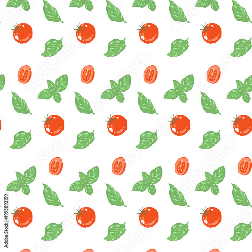 Seamless Pattern with Basil and Tomatoes