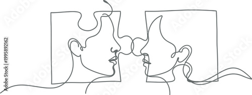 Two stylized human faces are elegantly depicted as interlocking puzzle pieces, clearly symbolizing strong connection, perfect relationships, compatibility, and finding a harmonious match.
