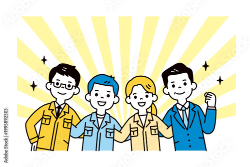 チームワークで働く、作業服を着た複数の社員・従業員と社長・工場長のベクターイラスト素材