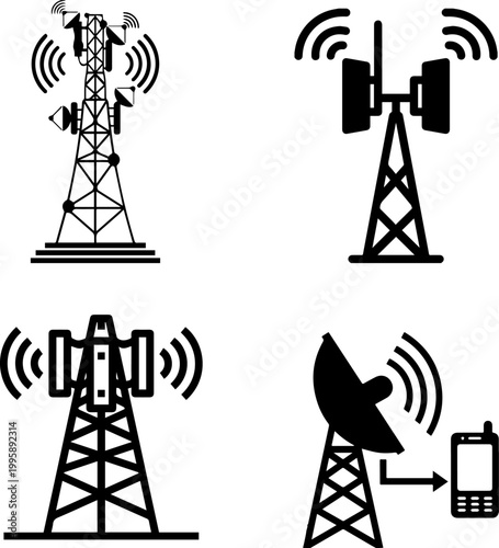 Set of Telecommunication Tower and Network Signal Vector Icons