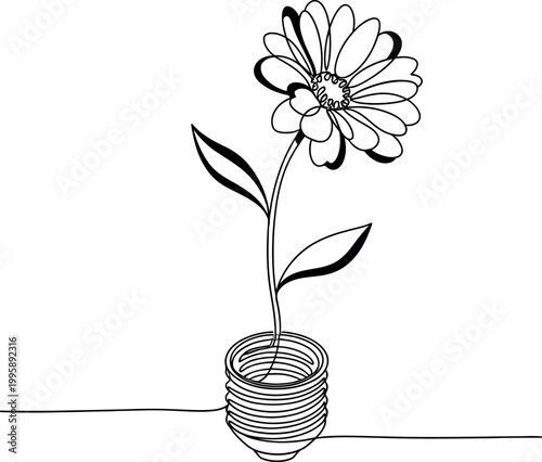 A single line drawing of a daisy growing from a stylized lightbulb, representing the fusion of nature and innovation, a bright idea blooming.