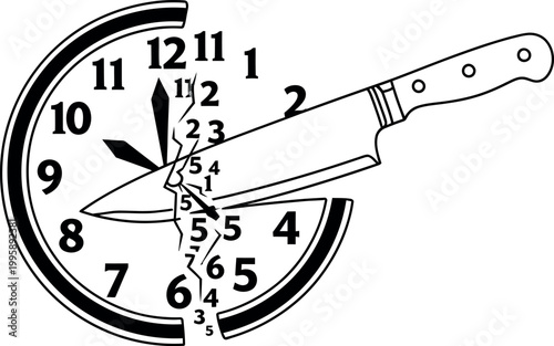 A knife slicing through a clock face, illustrating the concept of time being cut short, lost, or the urgency of a time-sensitive situation.