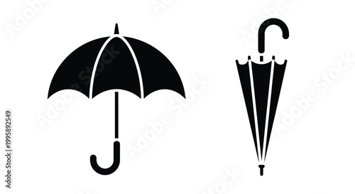 Detailed black and white vector illustration set showing two different style umbrellas in open and closed positions for your creative graphic design web interface projects