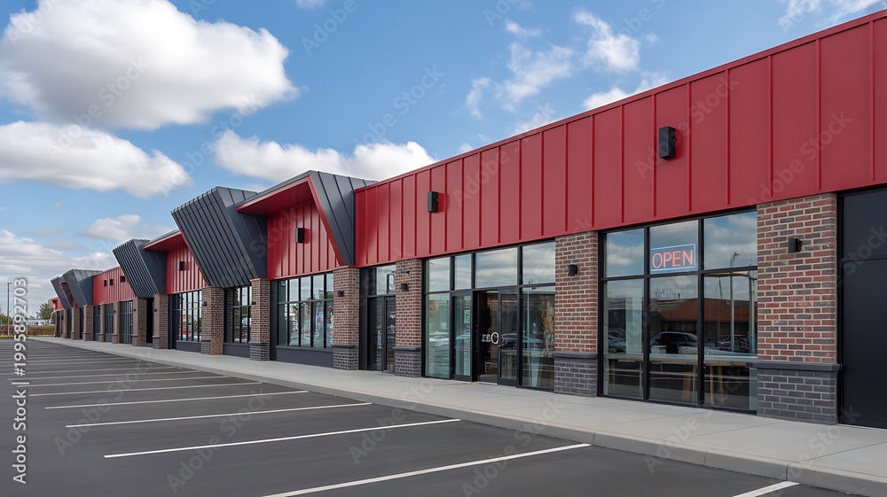 Fototapeta premium Modern empty commercial storefront buildings with parking lot under blue sky