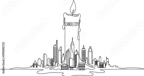 A unique continuous line art illustration depicting a tall burning candle integrated into a cityscape with various buildings, symbolizing light, hope, and sustainable urban development.