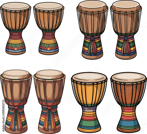 Two traditional djembe drums colorful illustration on white background