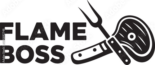 Black and white steak branding icon, flame grill logo, BBQ meat label, fork and knife vector