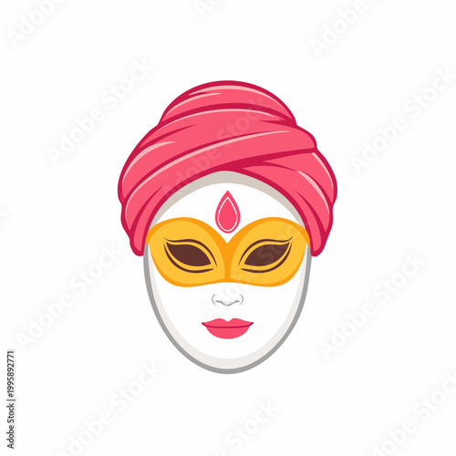 Woman wearing a Venetian mask and pink turban