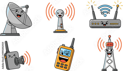 Cartoon Communication Devices Set featuring Satellite Dish, Antenna, Wi-Fi Router, Walkie Talkie, and Radio Tower for Technology, Network, and Digital Media Projects