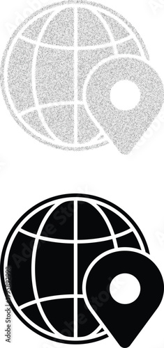 Minimalist Globe and Location Pin Illustration with Halftone and Solid Styles