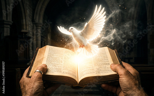 Holy Spirit Dove Rising from Open Bible. Divine Light Christian Faith Concept